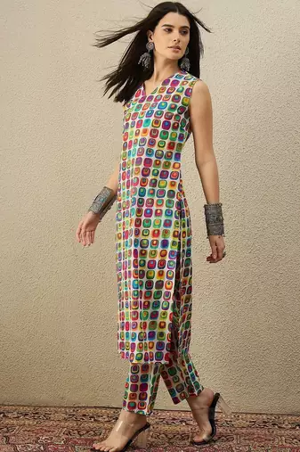 White women printed regular multicolor color pure cotton kurta with trousers