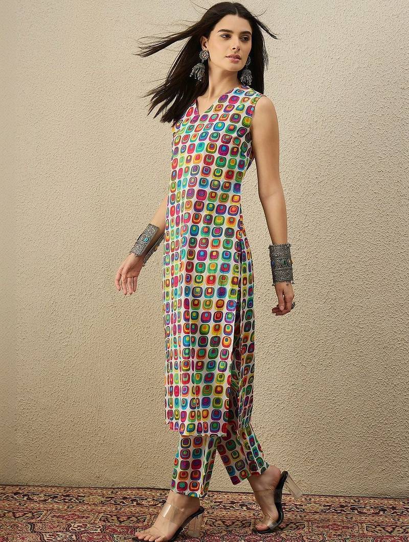 White women printed regular multicolor color pure cotton kurta with trousers