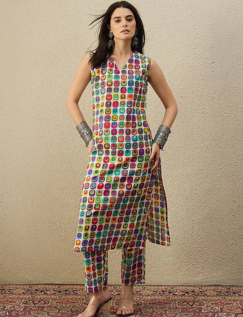 White women printed regular multicolor color pure cotton kurta with trousers