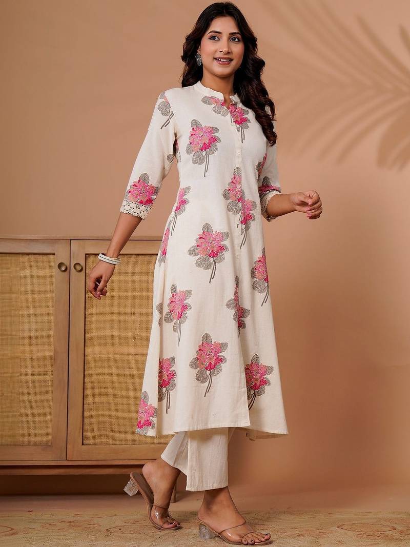 Off white women floral printed floral kurta