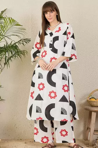 White printed pure cotton tunic with palazzo