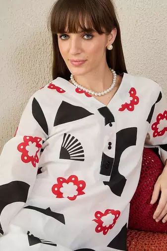 White printed pure cotton tunic with palazzo