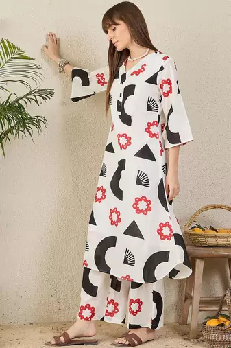 White printed pure cotton tunic with palazzo