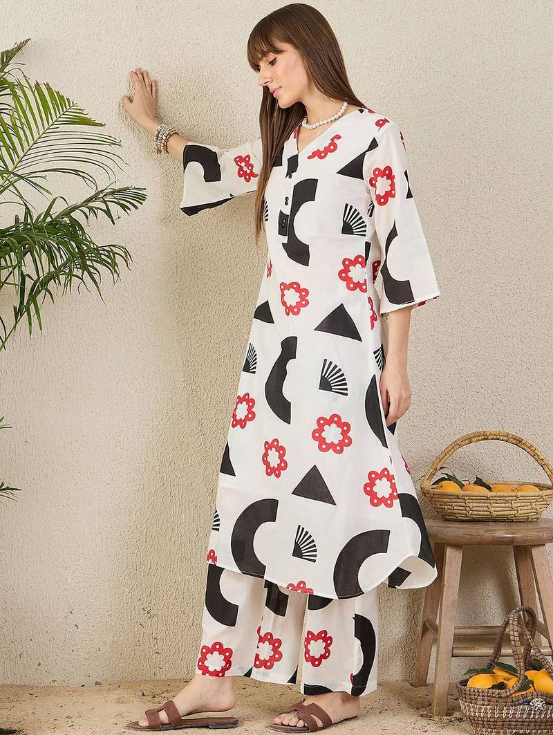 White printed pure cotton tunic with palazzo