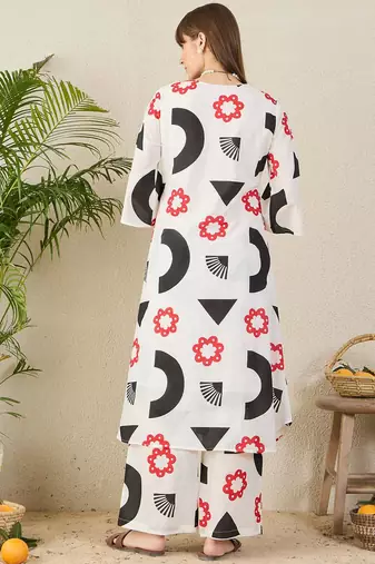 White printed pure cotton tunic with palazzo