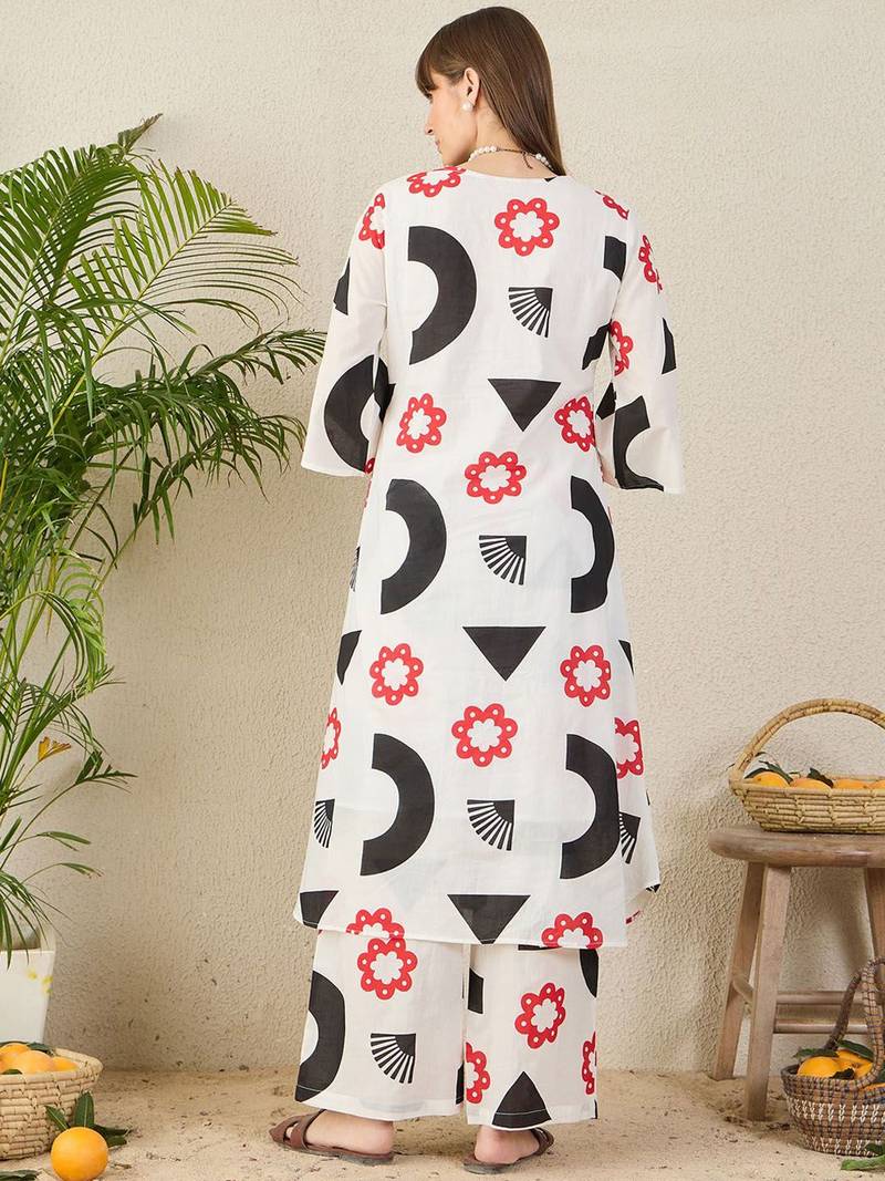 White printed pure cotton tunic with palazzo
