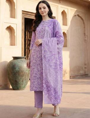 Lavender women floral printed cotton kurta with trousers & with dupatta 1