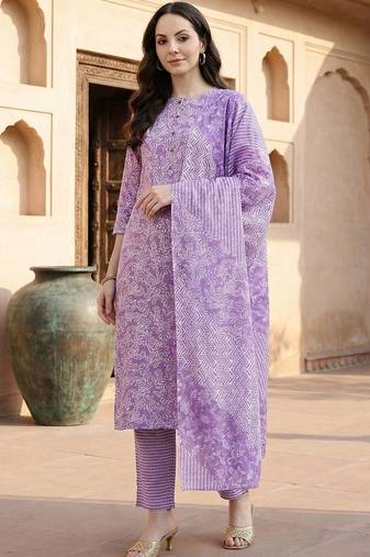Lavender women floral printed regular pure cotton kurta with trousers & with dupatta