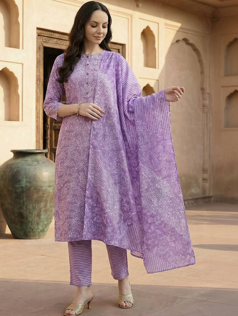 Lavender women floral printed regular pure cotton kurta with trousers & with dupatta