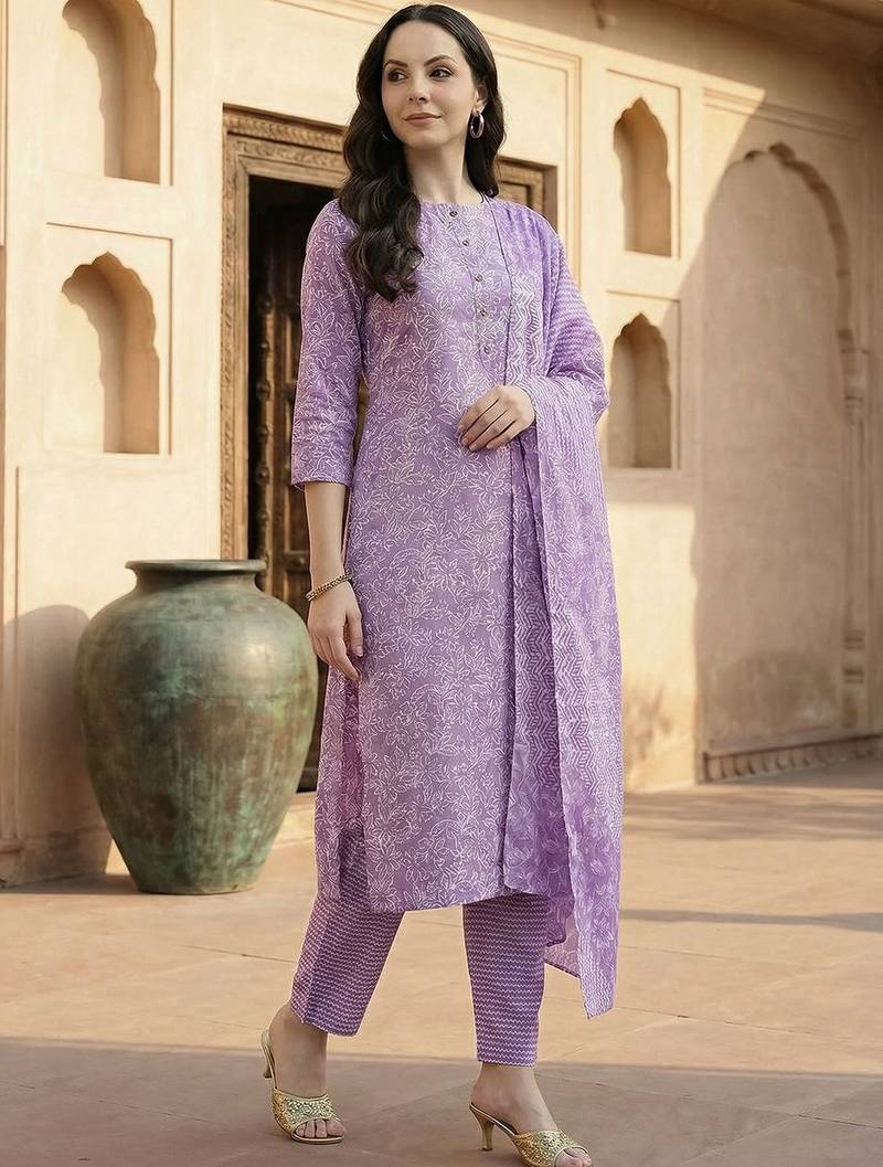 Lavender women floral printed regular pure cotton kurta with trousers & with dupatta