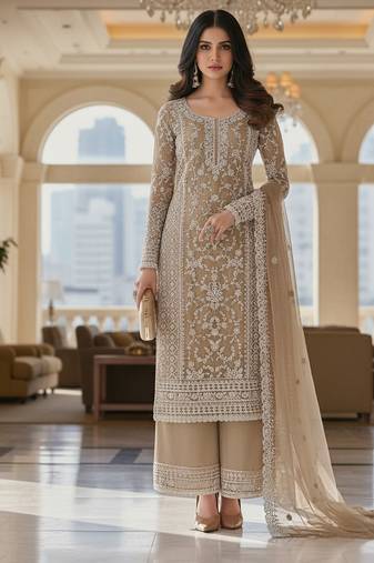 Beige color girlie butterfly net ceremonial salwar kameez for glamorous looks