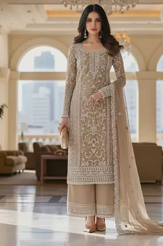 Beige color girlie butterfly net ceremonial salwar kameez for glamorous looks