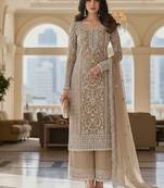 Beige color girlie butterfly net ceremonial salwar kameez for glamorous looks