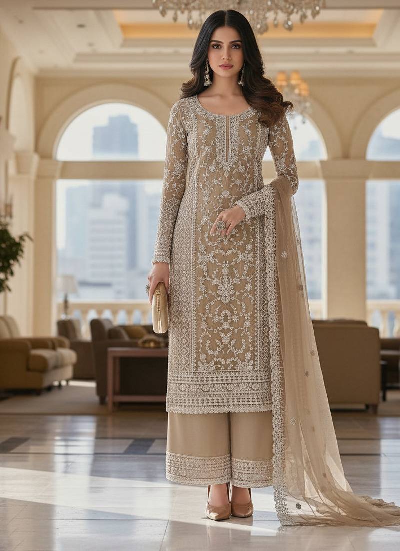 Beige color girlie butterfly net ceremonial salwar kameez for glamorous looks