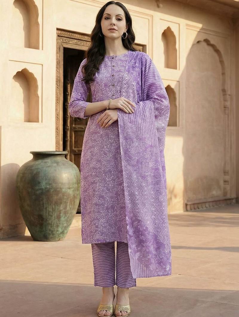 Lavender women floral printed regular pure cotton kurta with trousers & with dupatta