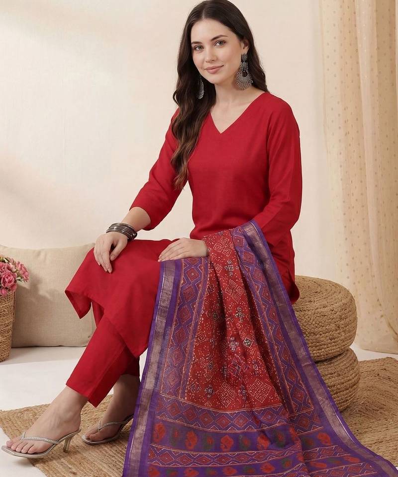 Red women regular kurta with trousers & with dupatta