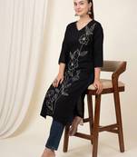 Black floral printed straight kurta