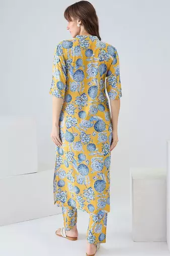 Yellow women floral printed regular kurta with trousers
