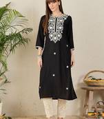 Black floral embroidered thread work round neck straight kurta