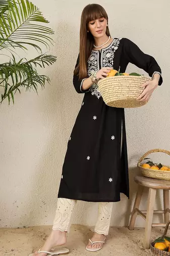 Black floral embroidered thread work round neck straight kurta