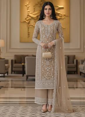 Beige color girlie butterfly net ceremonial salwar kameez for glamorous looks 2