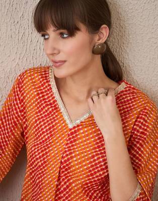 Orange leheriya printed pleated v-neck sequins cotton a-line kurta 2