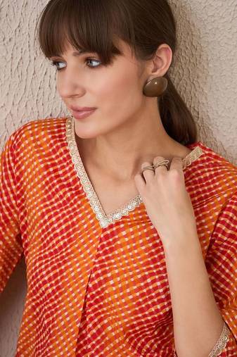 Orange leheriya printed pleated v-neck sequins pure cotton a-line kurta