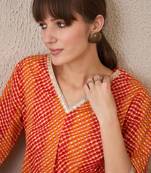 Orange leheriya printed pleated v-neck sequins pure cotton a-line kurta