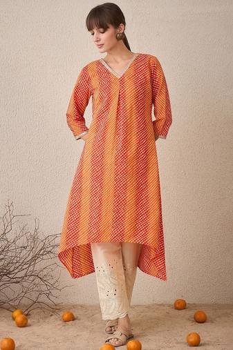 Orange leheriya printed pleated v-neck sequins cotton a-line kurta