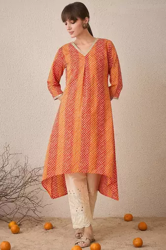 Orange leheriya printed pleated v-neck sequins pure cotton a-line kurta