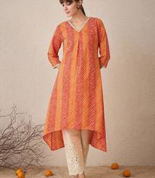 Orange leheriya printed pleated v-neck sequins cotton a-line kurta