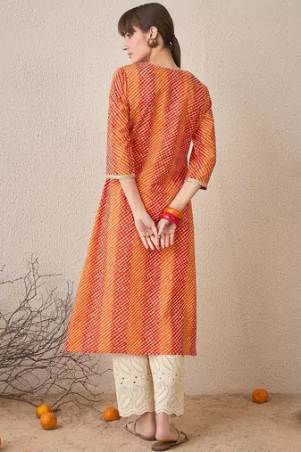 Orange leheriya printed pleated v-neck sequins pure cotton a-line kurta