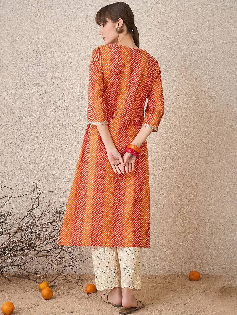 Orange leheriya printed pleated v-neck sequins pure cotton a-line kurta