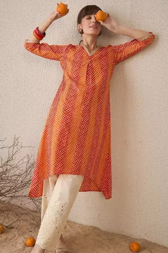 Orange leheriya printed pleated v-neck sequins pure cotton a-line kurta