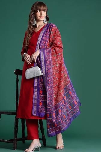 Red kurta with trousers & with dupatta