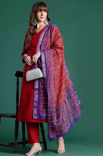Red kurta with trousers & with dupatta