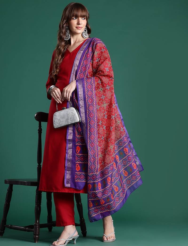 Red kurta with trousers & with dupatta