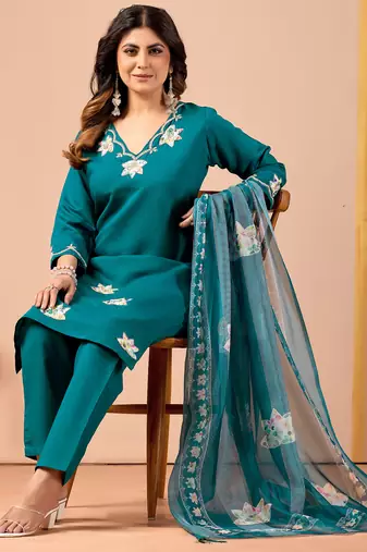 Teal blue floral embroidered kurta pant set with linen dupatta for women