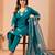 Teal blue floral embroidered kurta pant set with linen dupatta for women