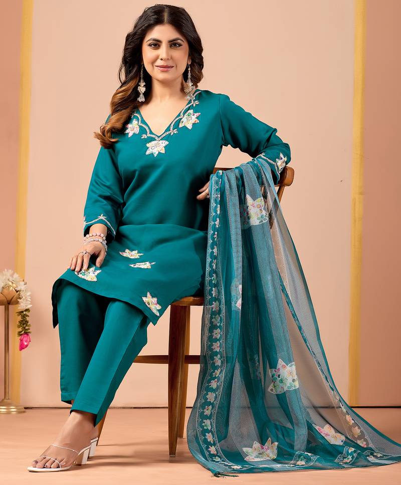 Teal blue floral embroidered kurta pant set with linen dupatta for women