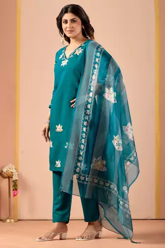 Teal blue floral embroidered kurta pant set with linen dupatta for women