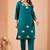 Teal blue floral embroidered kurta pant set with linen dupatta for women