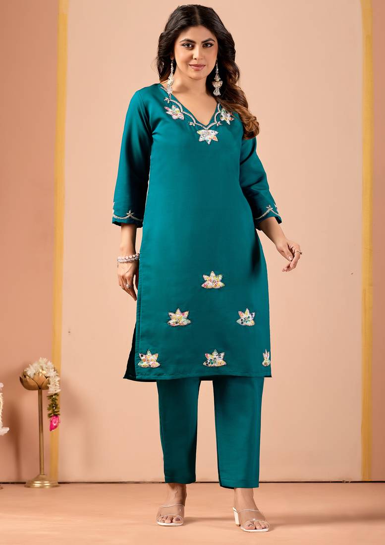Teal blue floral embroidered kurta pant set with linen dupatta for women