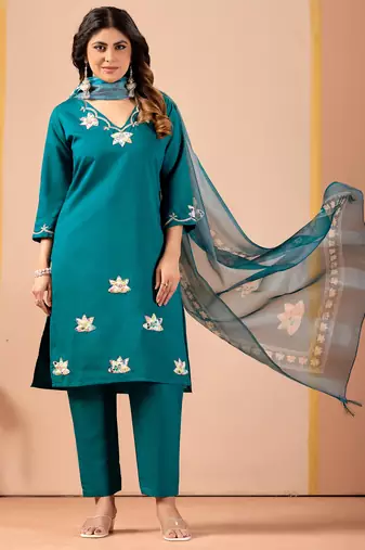 Teal blue floral embroidered kurta pant set with linen dupatta for women
