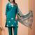 Teal blue floral embroidered kurta pant set with linen dupatta for women