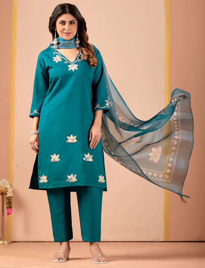 Teal blue floral embroidered kurta pant set with linen dupatta for women
