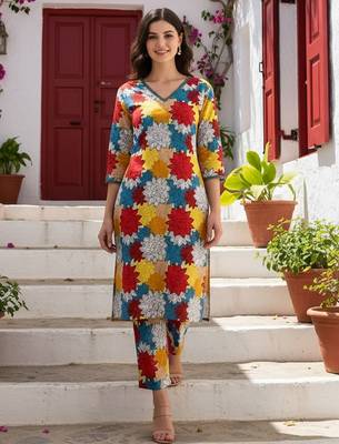 Multicolor women floral printed cotton kurta with trousers 1