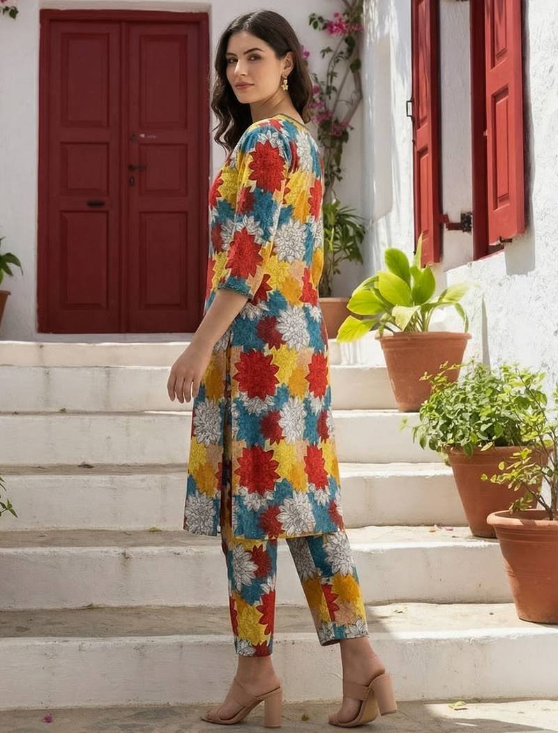 Multicolor women floral printed regular pure cotton kurta with trousers