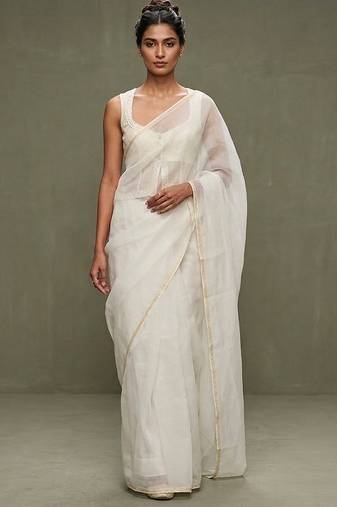 White embroidered organza saree set