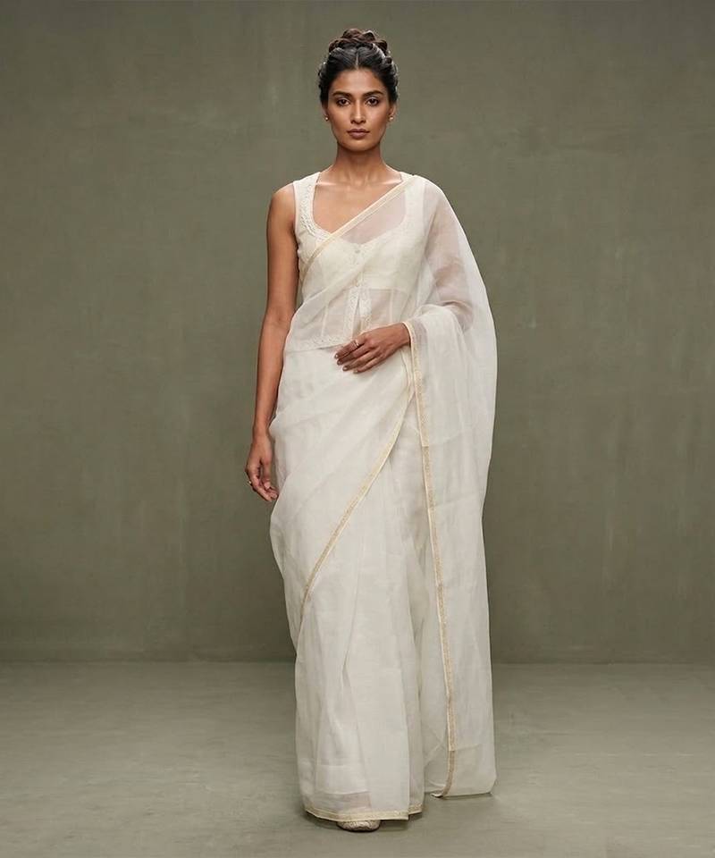 White embroidered organza saree set